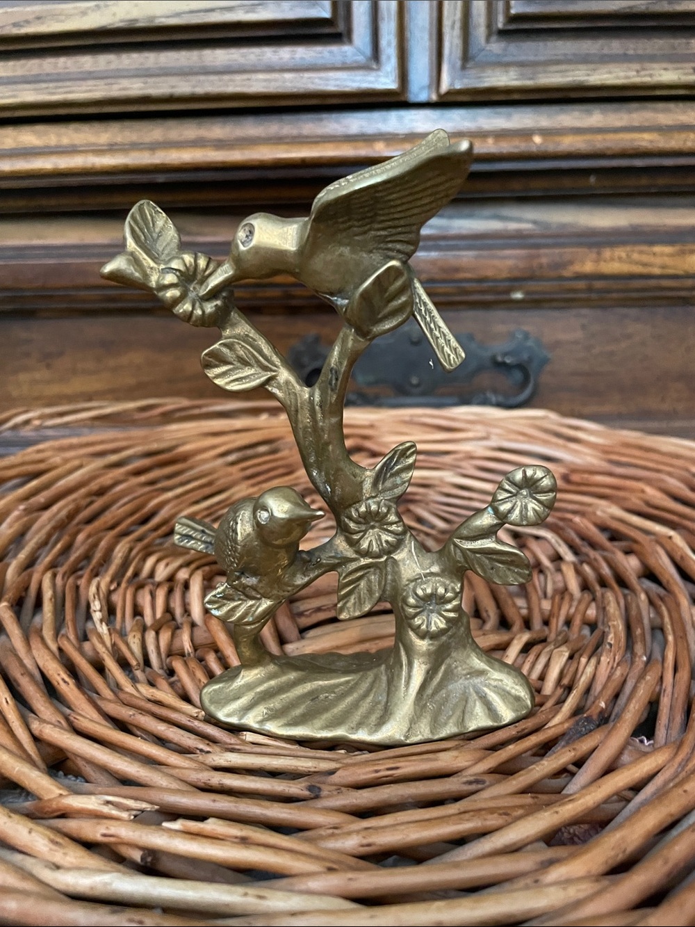 Vintage Brass Bird Figurine on Branch - Gold Tone